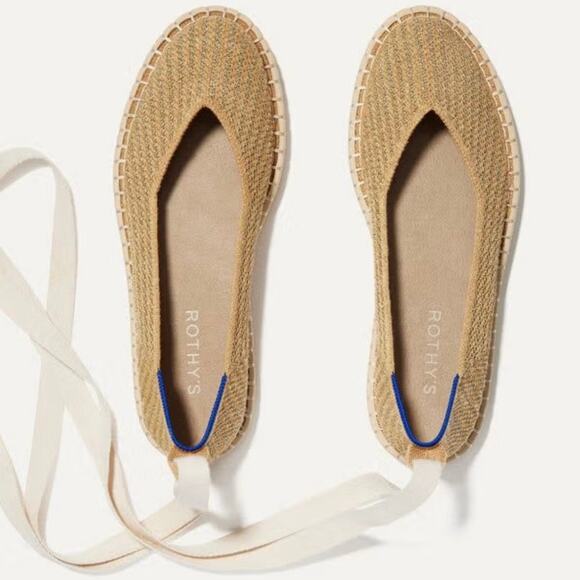 ROTHY'S | The Espadrille Gold Stripe Ballet Ankle Lace Wrap Tie Ivory | Size 9 - Picture 2 of 9